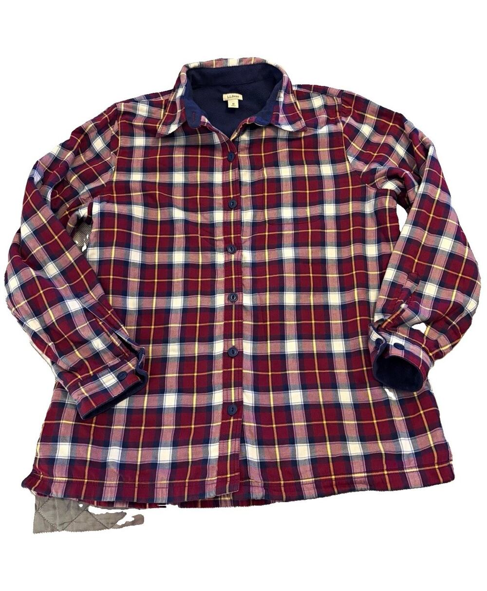 L.L.Bean Men's M Regular Red/Blue/White Plaid Flannel Fleece Inner Shacket